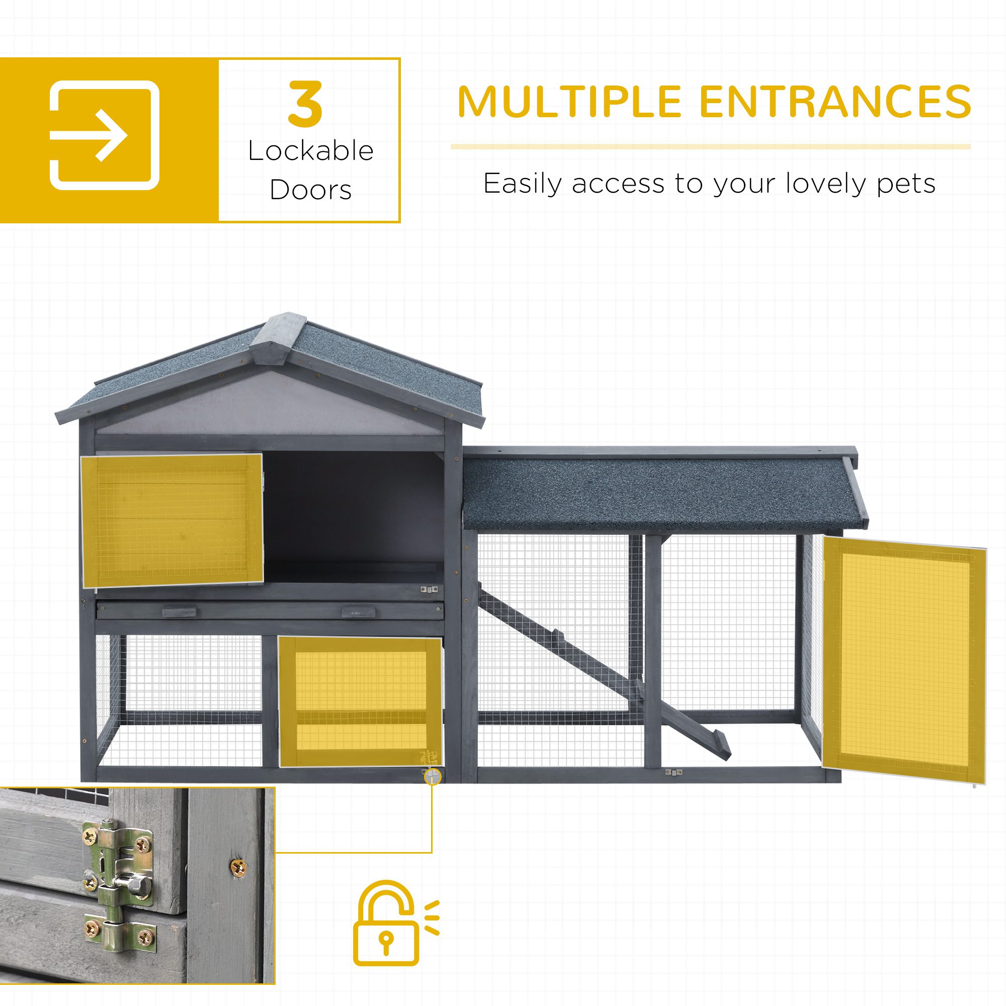 58" Large Rabbit Hutch Outdoor Indoor, Wooden Bunny Hutch, Guinea Pig Cage with Run, Removable Tray, Asphalt Roof, Lockable Doors and Ramp, for 1-2 Small Rabbits, Chickens, Ducks, Dark Gray - Image 2