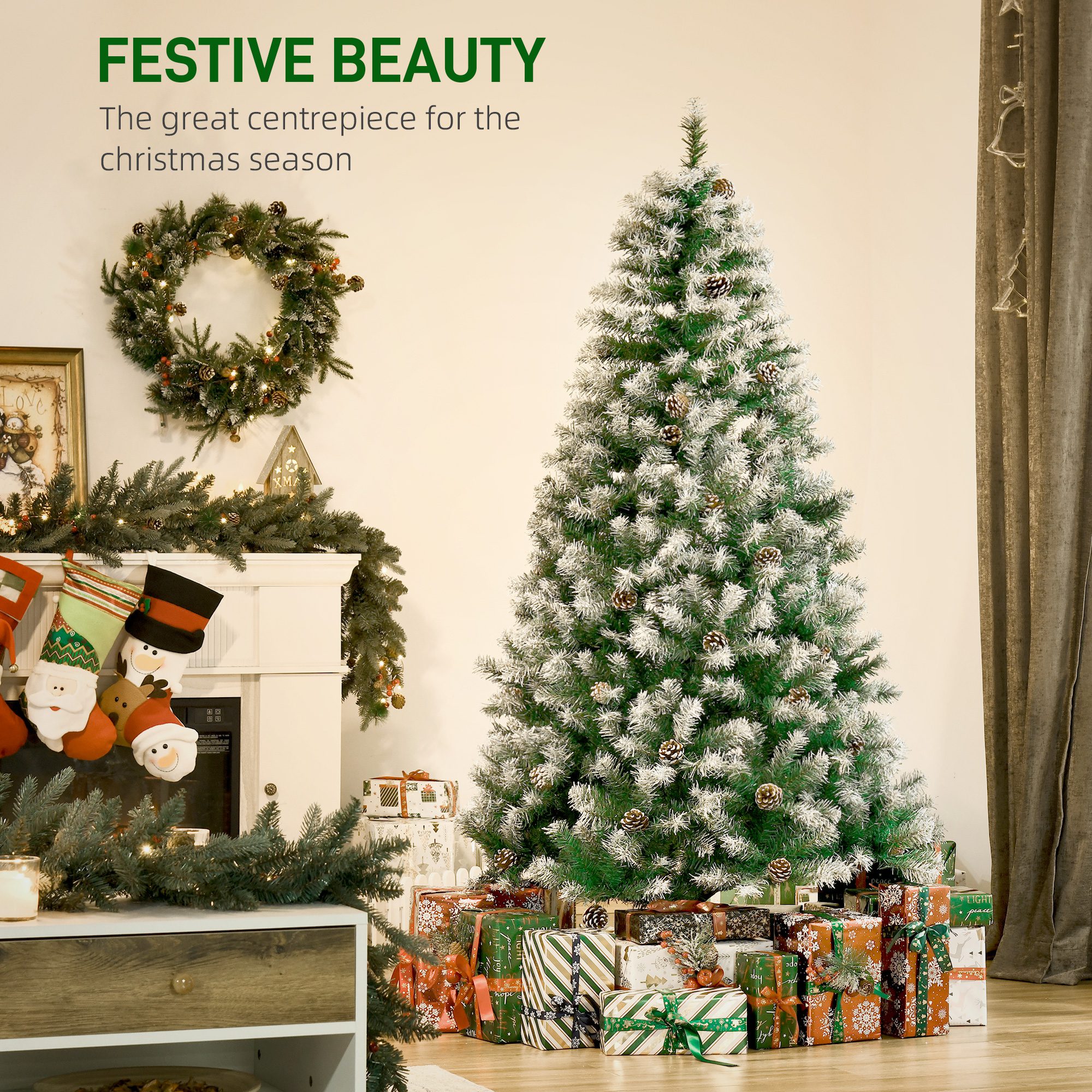 6ft Unlit Snow-Dusted Full Fir Artificial Christmas Tree with Realistic Branches, 61 Pine Cones and 800 Tips - Image 2