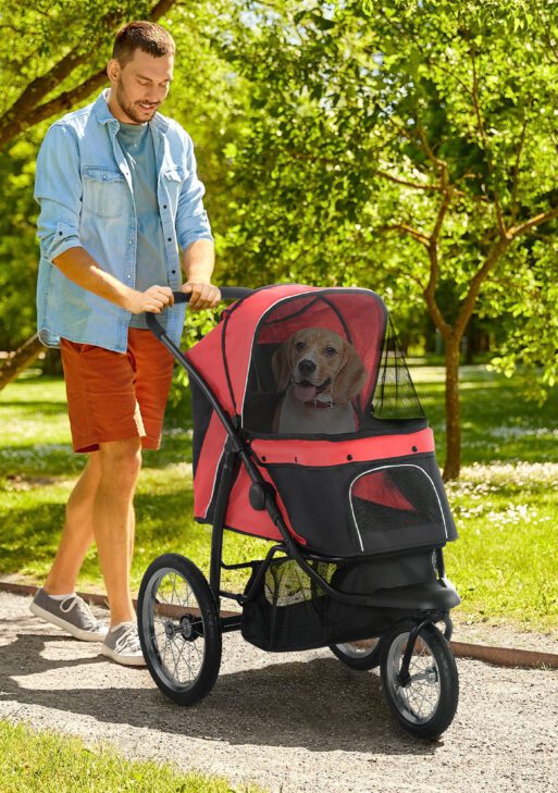 3 Wheels Pet Stroller for Small Dogs and Medium Dogs with Adjustable Canopy, Safety Tether, Storage Basket, Red