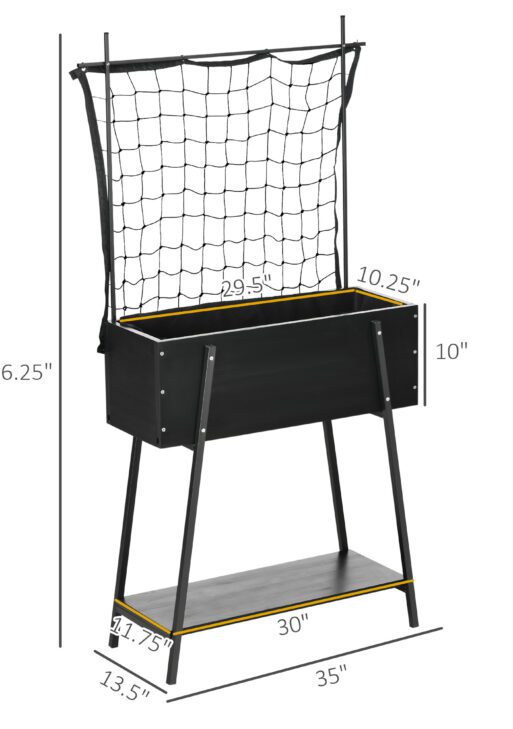 Raised Garden Bed with Trellis & Storage Shelf, Elevated Planter Box with Metal Legs, Bed Liner and Drainage Holes, for Vegetable Vines, Climbing Plants, Flowers, Black