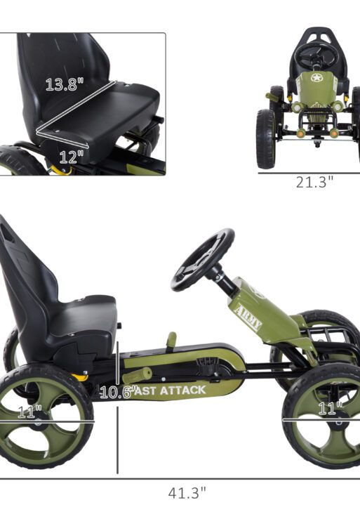 Pedal Go Kart for Kids with Adjustable Seat for 3-6 Year Old Boys and Girls, Green