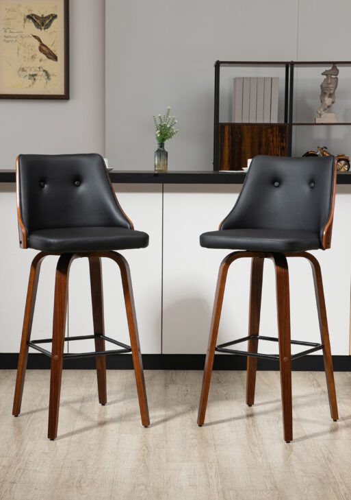 Bar Height Bar Stools, PU Leather Swivel Barstools with Footrest and Tufted Back, Set of 2, Black
