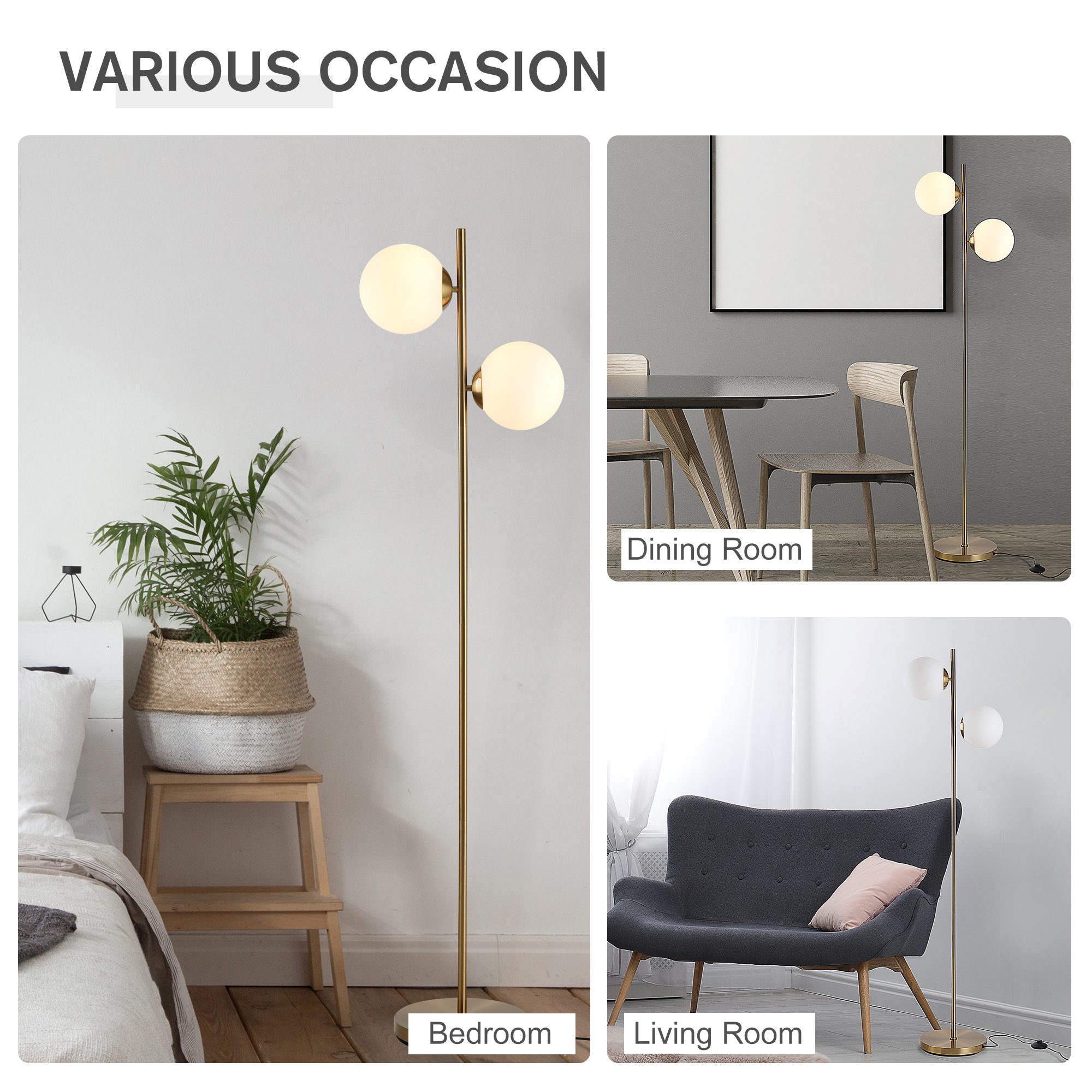 Floor Lamp w/ 2pcs Glass Lamp Shade Modern Portable Decorative Lamp, White - Image 3