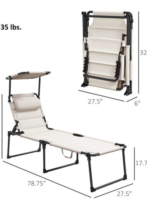 2 Pcs Outdoor Lounge Chair, 4 Position Adjustable Backrest, Folding, Cushioned w/ Sun Shade Roof & Pillow, Cream White