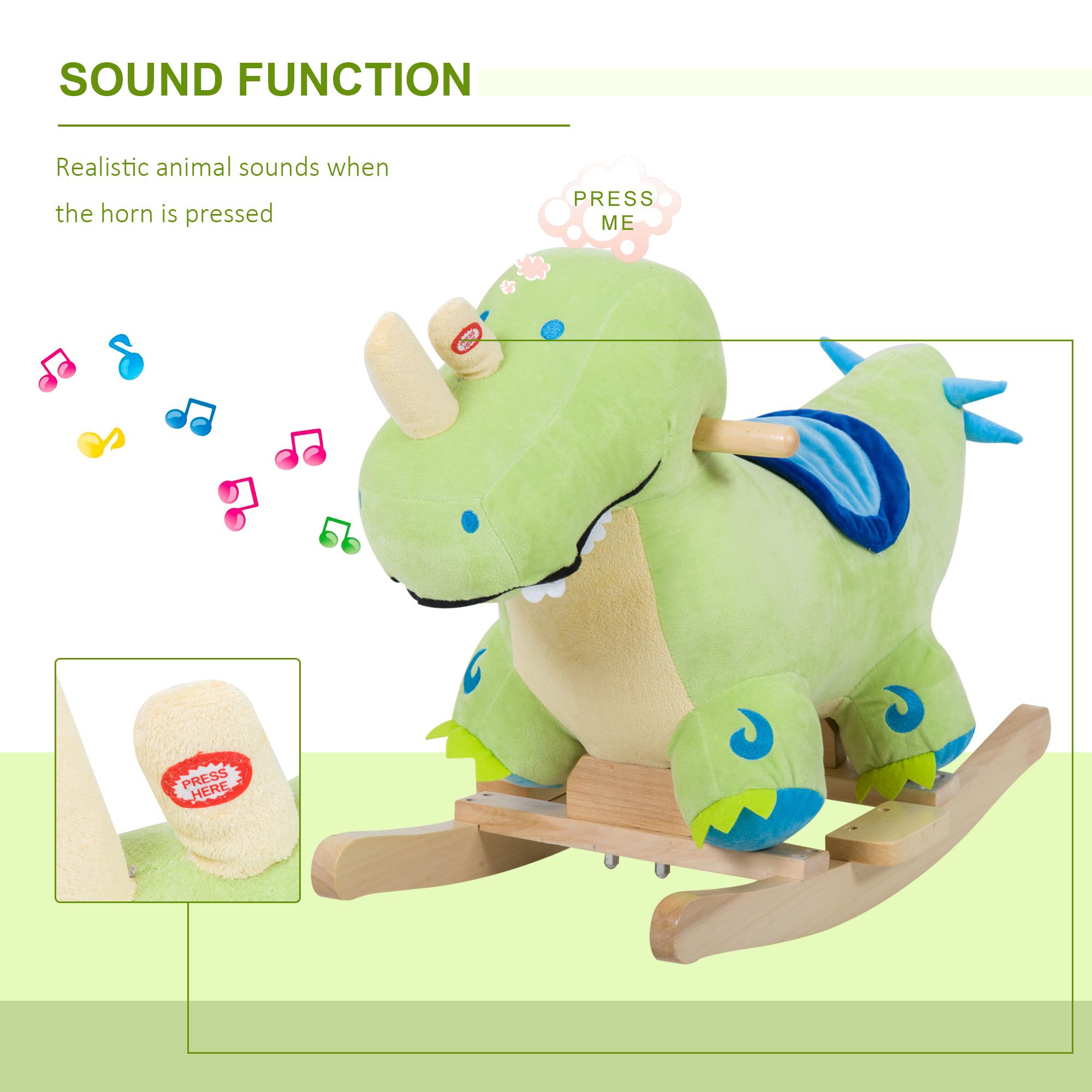 Kids Plush Ride-On Rocking Horse Toy Dinosaur Ride on Rocker Green with Realistic Sounds - Image 3