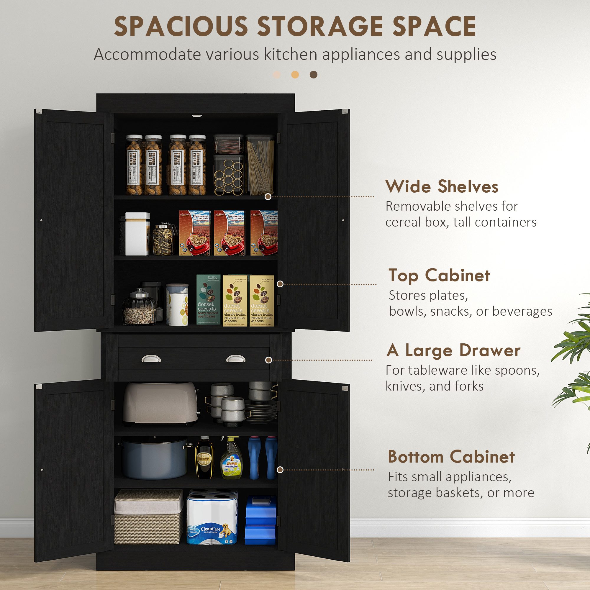 72.5" Kitchen Cabinet, Pantry Storage Cabinet with Doors and Shelves, Freestanding Food Pantry Cabinet, Black Wood Grain - Image 2