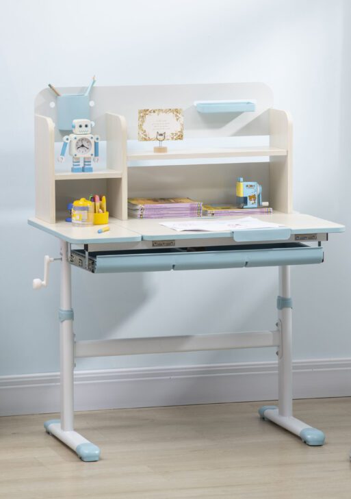Wooden Kids Study Desk, Height Adjustable Children School Study Table, Student Writing Desk with Tilt Desktop, Drawer, Storage Shelf, Pen Holder, Blue
