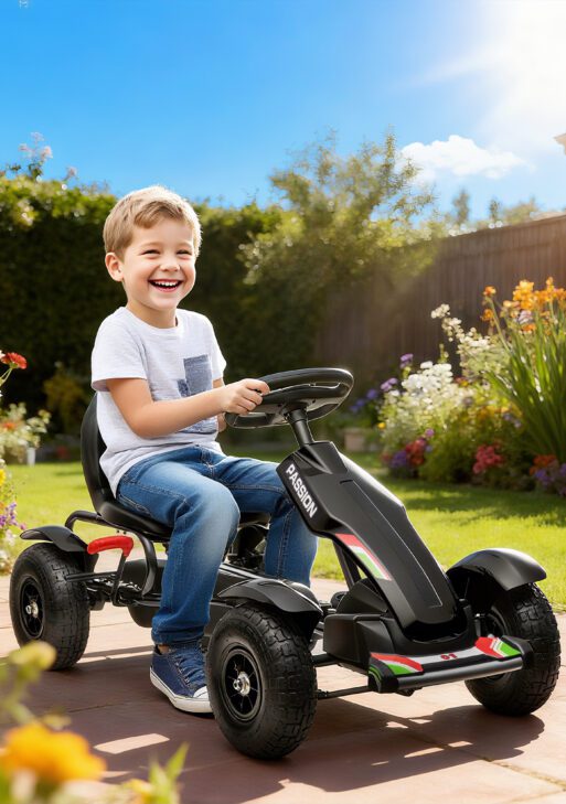 Kids Pedal Go Kart, Outdoor Ride on Toys with Adjustable Seat, Sharp Handling, Handbrake, 4 Non-Slip Rubber Wheels for Boys & Girls Aged 5-12 Years Old, Black