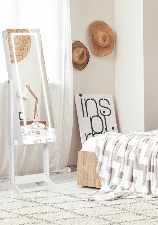 60" Full-Length Mirror Jewelry Storage Armoire w/ Lockable Door & Key, White