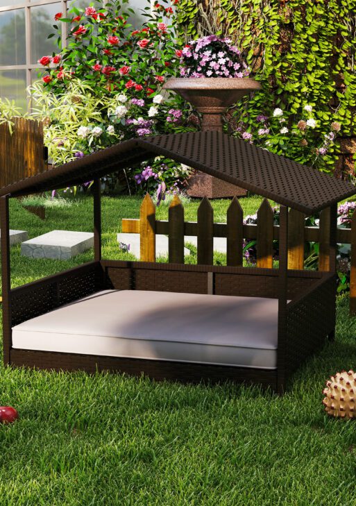 Wicker Dog House Outdoor with Canopy, Rattan Dog Bed with Water-resistant Cushion, Raised Dog Bed for Small, Medium Dogs up to 66 lbs, 19.75" in Length, Brown Wicker, White Cushion