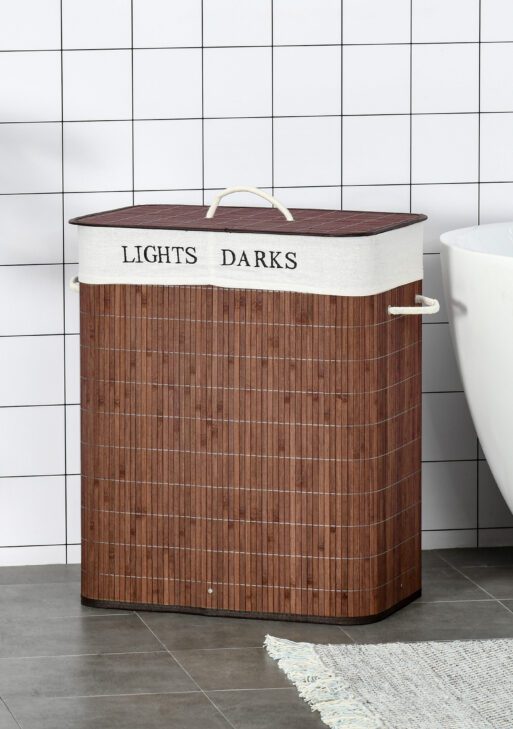 Bamboo Laundry Basket with Lid and String Handles, Collapsible Laundry Hamper with 2 Removable Bags, Brown