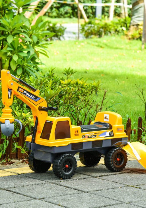 No Power 2 in 1 Ride On Excavator with Helmet and Claw, Construction Truck Set, Multi-Functional Digger with Storage, Light and Music, Yellow