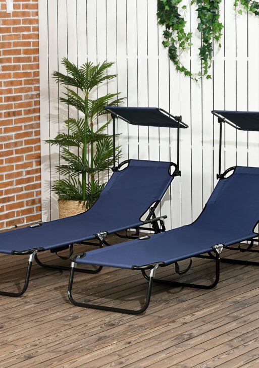 Folding Chaise Lounge Pool Lounge Chairs Set of 2, Outdoor Sun Tanning Chairs with Canopy Shade, Reclining Back, Steel Frame and Side Pocket for Beach, Yard, Patio, Dark Blue