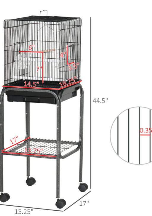 45-inch Metal Indoor Bird Cage, Parrot Cage, Bird Aviary with Detachable Rolling Stand, Storage Basket, and Accessories - Black