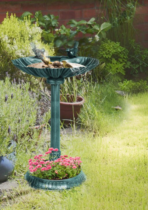32" Antique Bird Bath Decorative Birdbath Bird Feeder Bowl with Planter Pedestal and Bird Statues, Verdigris