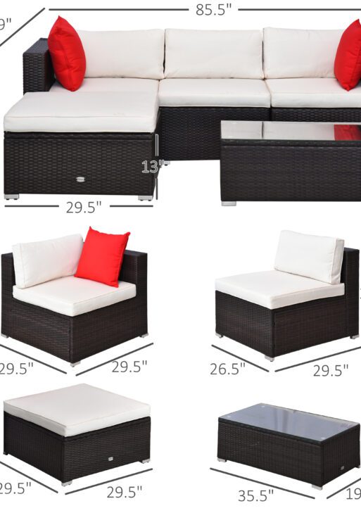 5-Piece Patio Furniture Set with Cushions, Outdoor PE Rattan Wicker Sofa Set, Sectional Furniture with Pillows, Glass Coffee Table for Garden, Backyard, Brown/Cream White