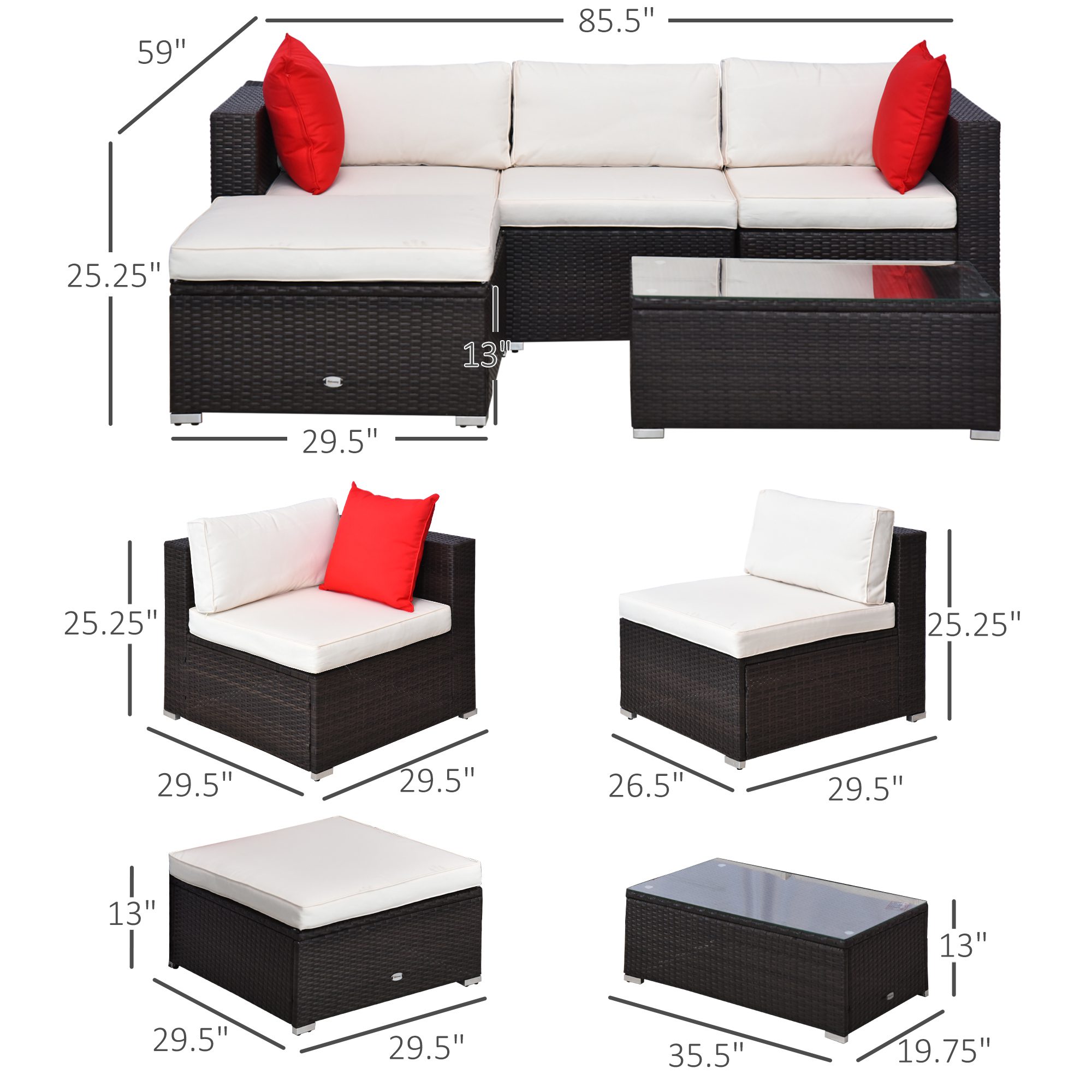 5-Piece Patio Furniture Set with Cushions, Outdoor PE Rattan Wicker Sofa Set, Sectional Furniture with Pillows, Glass Coffee Table for Garden, Backyard, Brown/Cream White - Image 1