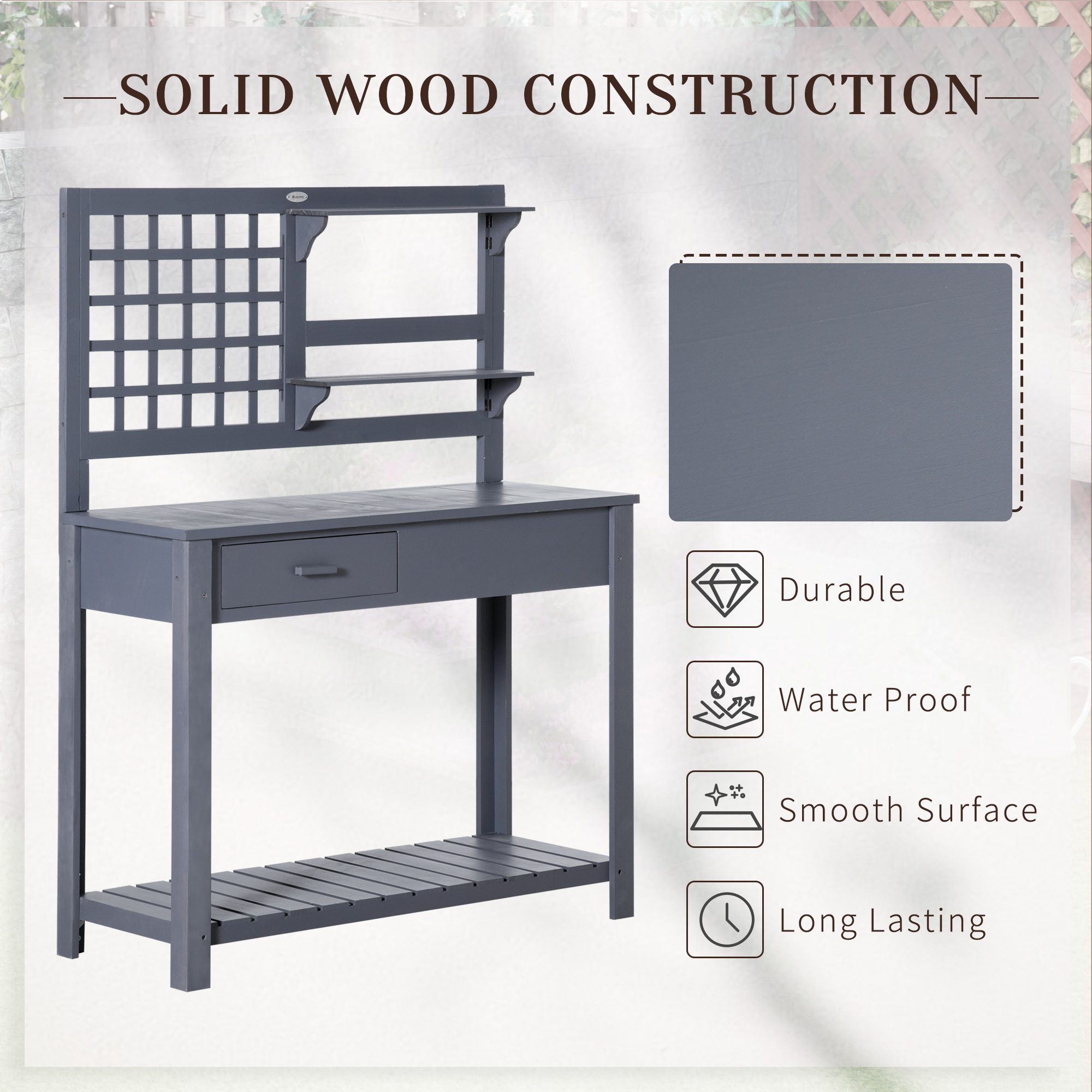 Potting Bench Table, Garden Work Bench, Outdoor Wooden Workstation with Tiers of Shelves and Drawer for Patio, Courtyards, Balcony, Grey - Image 4