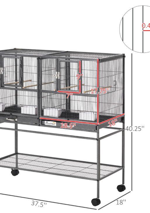 Divided Breeder Bird Cage with Rolling Stand Removable Metal Tray, Storage Shelf, Wood Perch, and Food Container