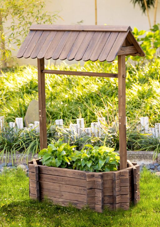 Wishing Well Planter, Wooden Raised Garden Bed, Ornamental Outdoor Flower Planter for Outdoor Garden, Yard, Lawn, and Home Decor