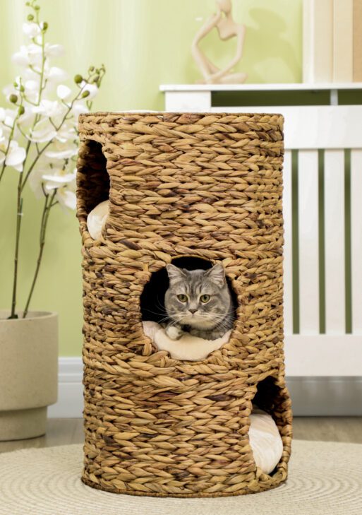 Elevated Cat Bed with Three Hideaways & Four Soft Plush Cushions, Cat Tower with Hand-Woven Materials, Multi-Layer Raised Kitten Bed Caves