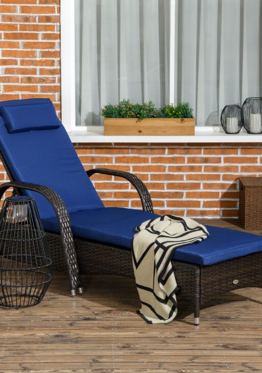 Reclining Chaise Lounge Chair, Rolling Outdoor Chair with Cushion, Pillow, Headrest, Armrests, and Wheels, Brown