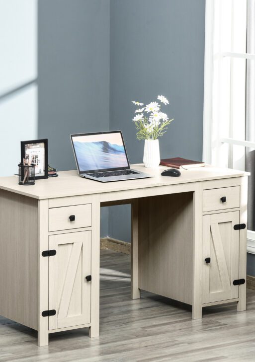 Farmhouse Computer Desk with Storage, Home Office Desk with 2 Drawers and 2 Cabinets, Cream White