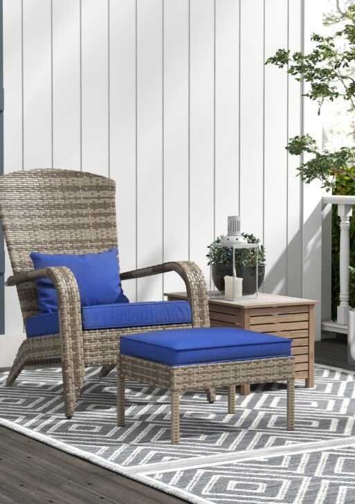 Wicker Adirondack Chair Fire Pit Chair w/ Ottoman & Cushions, Blue