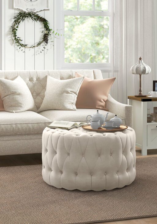 Round Ottoman Coffee Table with Velvet-feel Upholstery, Button Tufted Design and Padded Seat, Beige