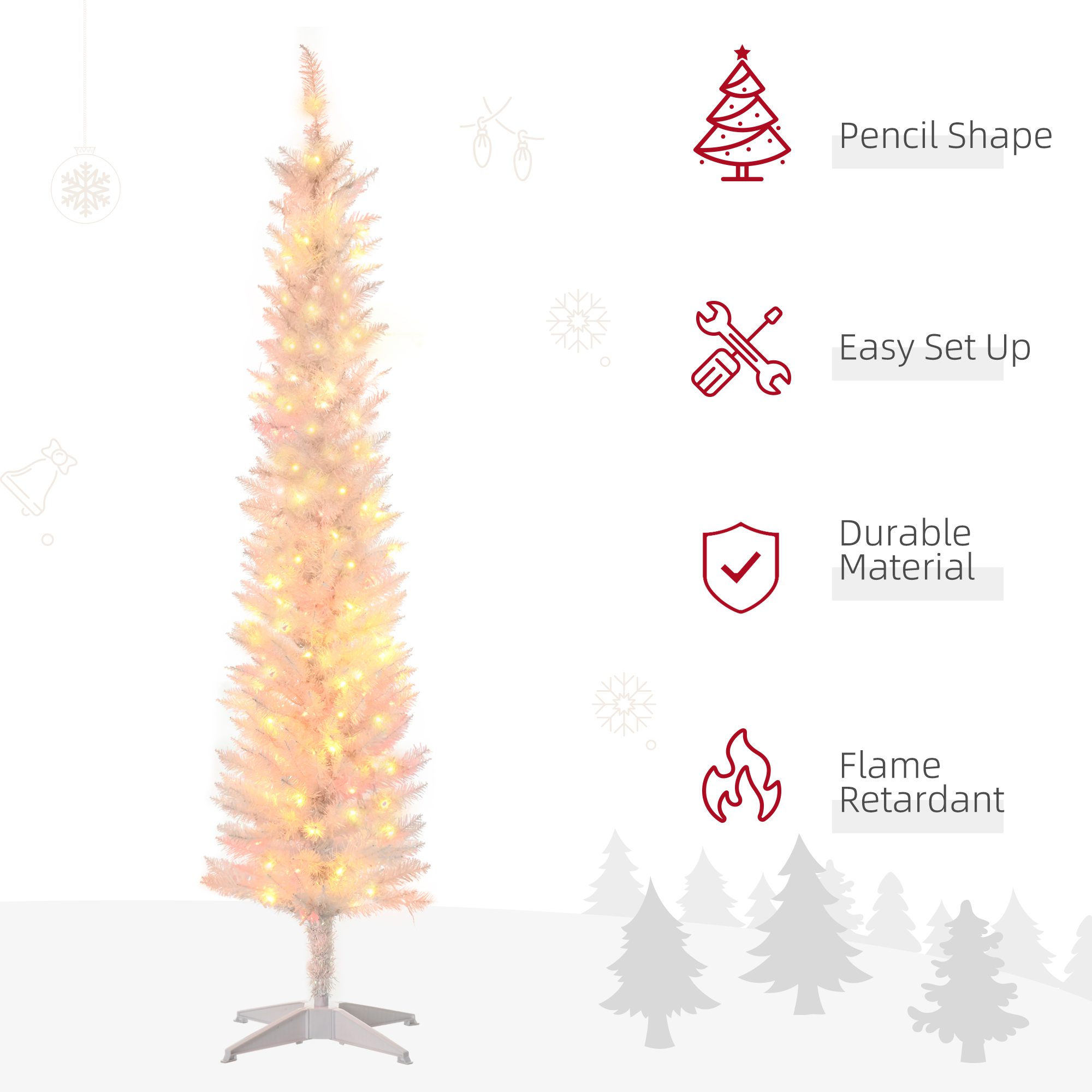 6' Prelit Christmas Trees, Pencil Artificial Christmas Tree with Colorful Surface Branches, Colorful LED Lights, White - Image 2