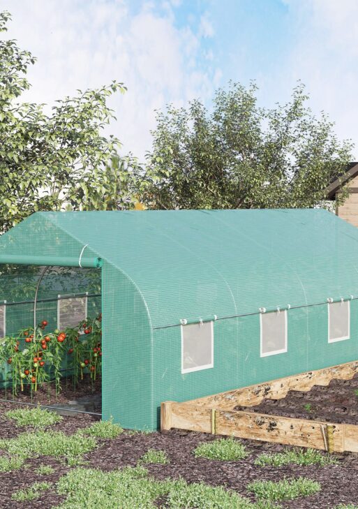 20' x 10' x 7' Outdoor Walk-in Greenhouse, Tunnel Green House with Roll-up Windows, Zippered Door, PE Cover, Heavy Duty Steel Frame, Green