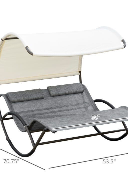 Outdoor Double Chaise Rocking Chair, Day Bed Sun Lounger with Canopy Shade, Headrest Pillow, Armrests for Garden, Poolside, Light Gray