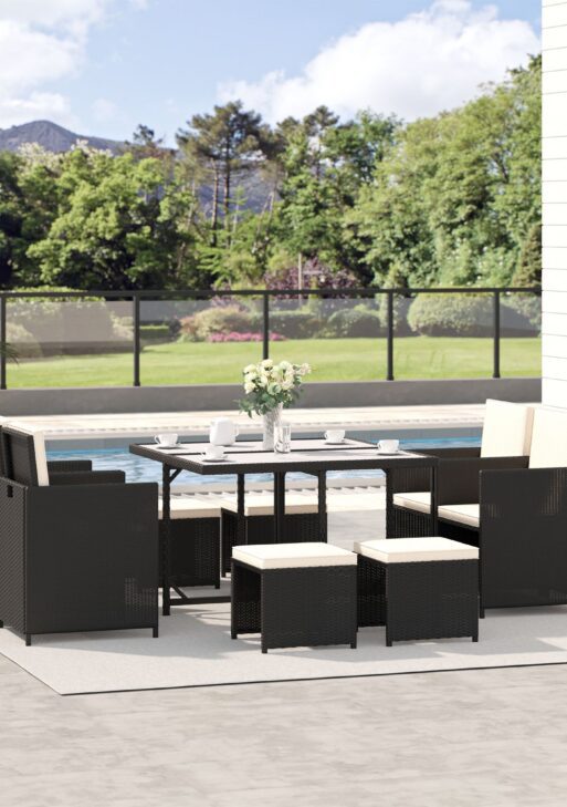 9 Pieces Outdoor Dining Set for 8, Space Saving Wicker Chairs and Square Glass Table with Cushions and Ottomans, Rattan Conversation Patio Furniture Set for Garden, Black/Cream White
