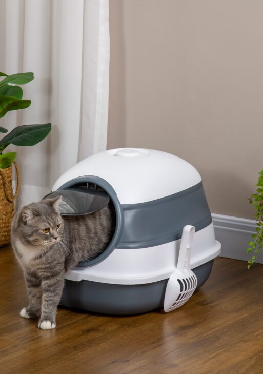 Dome Covered Cat Litter Box with Lid, White and Gray