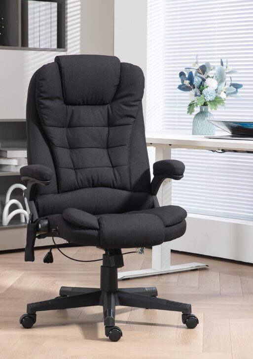 6 Point Vibrating Massage Office Chair with Heat, Linen High Back Massage Desk Chair with Reclining Backrest, Black