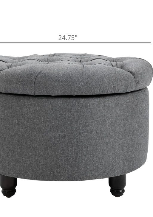 Round Linen-touch Fabric Storage Footstool Ottoman Button Tufted Footrest with Removable Lid, Grey