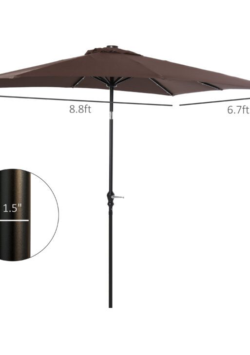 9' x 7' Solar Umbrella, LED Lighted Patio Umbrella for Table or Base with Tilt & Crank, Outdoor Umbrella for Garden, Deck, Backyard, Pool, Beach, Brown