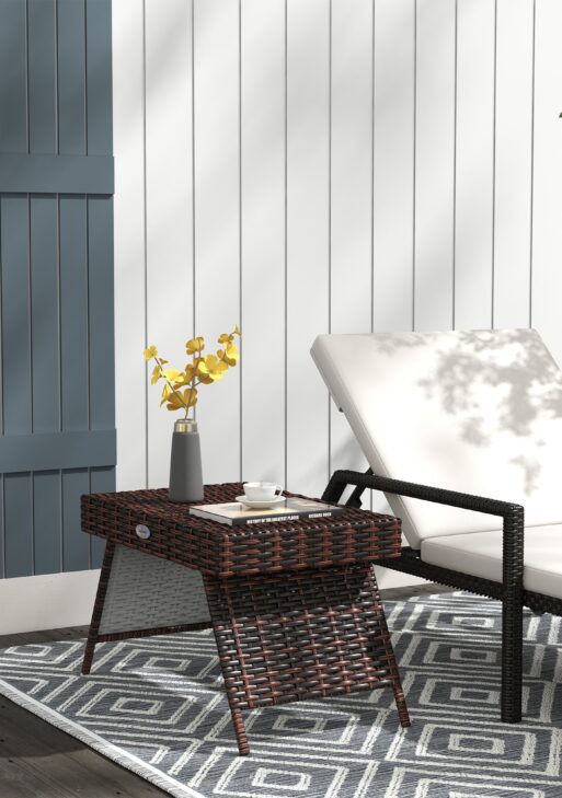 Folding Rattan Side Table, Outdoor End Table, Hand Woven PE Rattan Coffee Table for Balcony, Backyard, Garden, Lawn, Courtyard, Brown