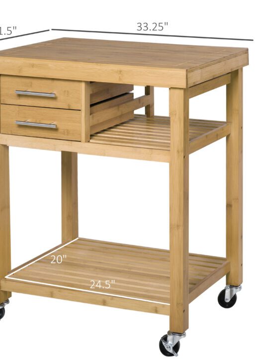 Bamboo Kitchen Island Cart on Wheels, Utility Trolley Cart with 2 Storage Drawers and Open Shelves, Bamboo Tone