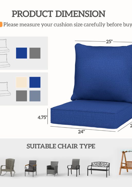 4 Patio Chair Cushions with Seat & Backrest, Fade Resistant Seat Replacement Cushion Set, Navy Blue