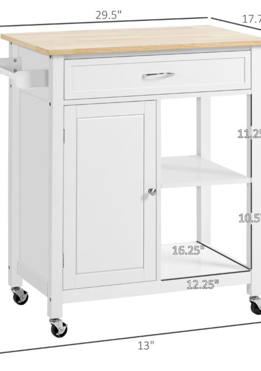 Kitchen Island Cart, Rolling Kitchen Island with Storage Shelf, Solid Wood Top, Drawer, for Dining Room, White