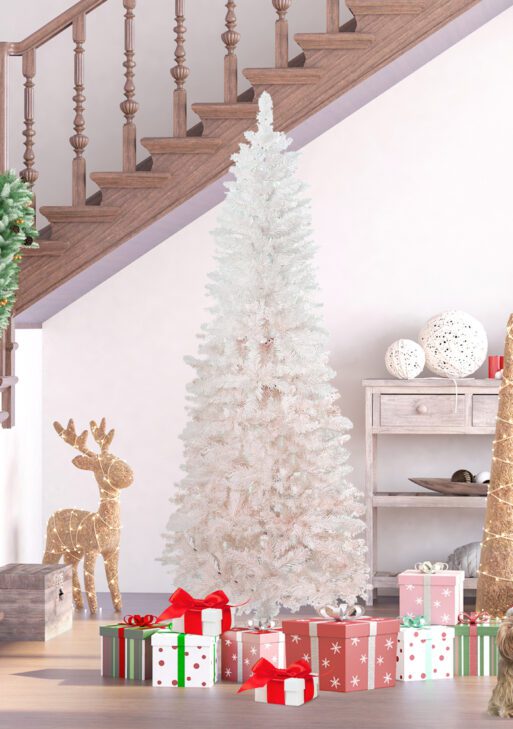 6' Tall Unlit Pencil Fir Artificial Christmas Tree with Realistic Branches and Steel Base, Pink and White