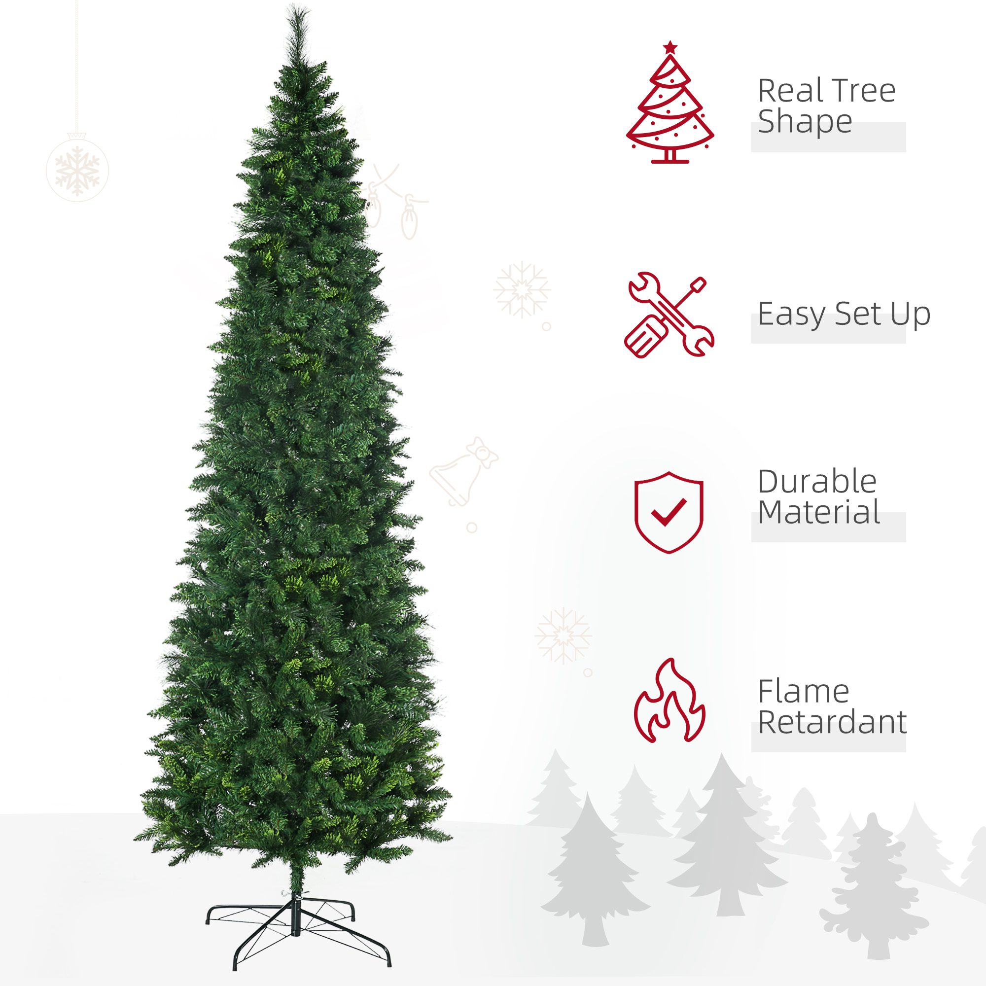 9' Artificial Pencil Christmas Trees, with Auto Open, Steel Base, Pine Needles, for Home Xmas Decoration - Image 2
