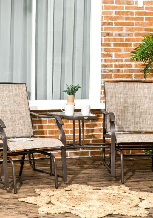 Outdoor Glider Chairs with Coffee Table, Patio 2-Seat Rocking Chair Swing Loveseat with Breathable Sling for Backyard, Garden, and Porch, Light Brown