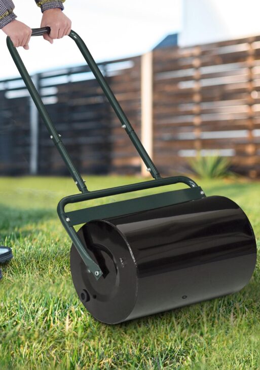 20-Inch Push/Tow Behind Lawn Roller Filled with 10 Gal Water or Sand for Flattening Sod in the Garden, Dark Green