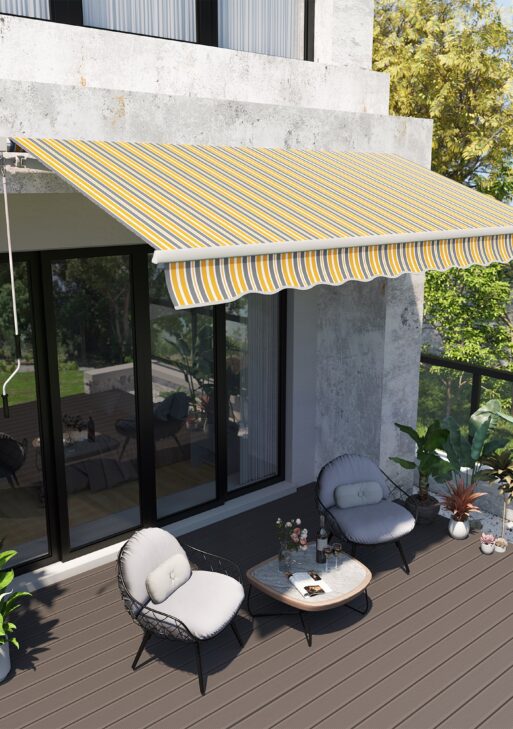 12' x 10' Manual Retractable Awning Outdoor Sunshade Shelter for Patio, Balcony, Yard, with Adjustable & Versatile Design, Yellow and Gray