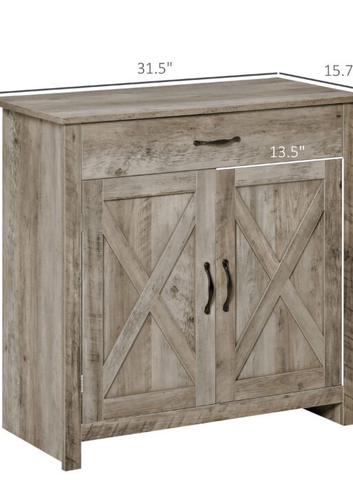 Farmhouse Sideboard Buffet Cabinet, Barn Door Coffee Bar Cabinet with Drawer and Adjustable Shelf for Kitchen, Living Room, Entryway, Gray