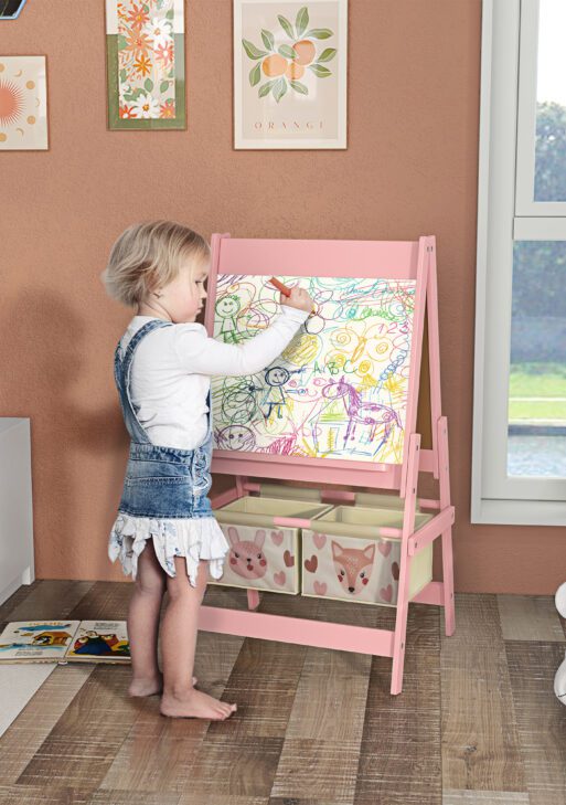 Art Easel for Kids with Paper Roll, Blackboard, Whiteboard, Storage, Pink