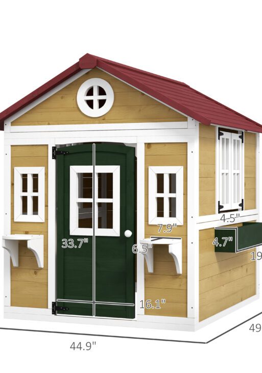 Wooden Playhouse for Kids Outdoor with Doors, Windows, Planter Pots and Boxes for Toddlers 3-8 Years, Beige