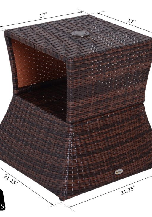 Outdoor Side Table with Umbrella Hole, 2 Tier Rattan Wicker End Table with Storage Shelf, All Weather for Outdoor, Patio, Garden, Backyard, Mixed Brown